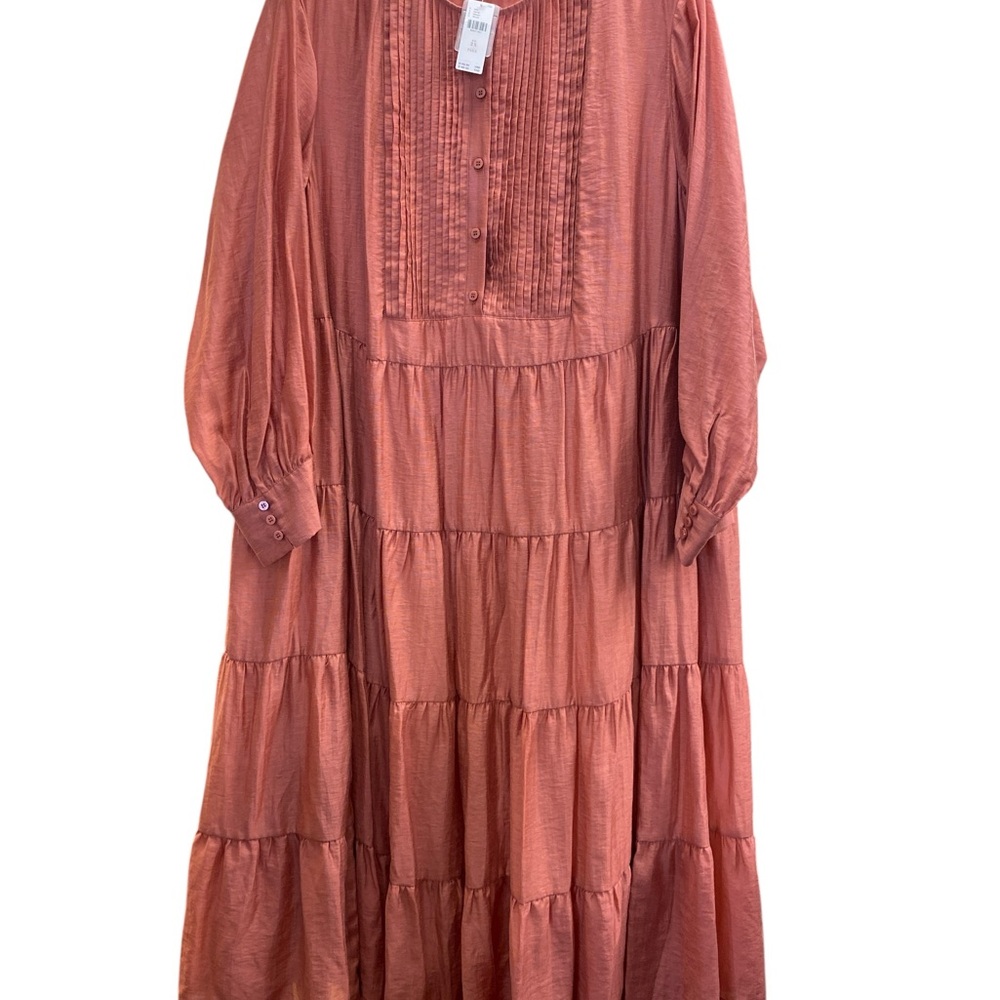 Anthropologie Rust-Tone Tiered Long-Sleeve Midi Dress